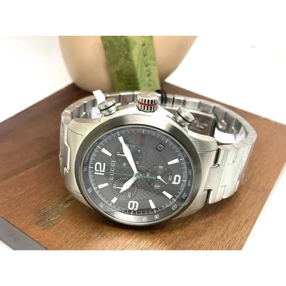 Gucci Mens Watch YA126238 G-Timeless Swiss Quartz Chronograph Gray Silver 46mm